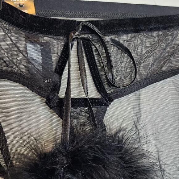 4X 26W Black Marabou Flyaway Bralette Thong Set Lingerie 50s Pinup Sheer NWT fuz - Picture 7 of 12